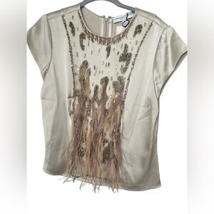 CAROLINA HERRERA Feathered and Beaded Blouse in Ivory size 8